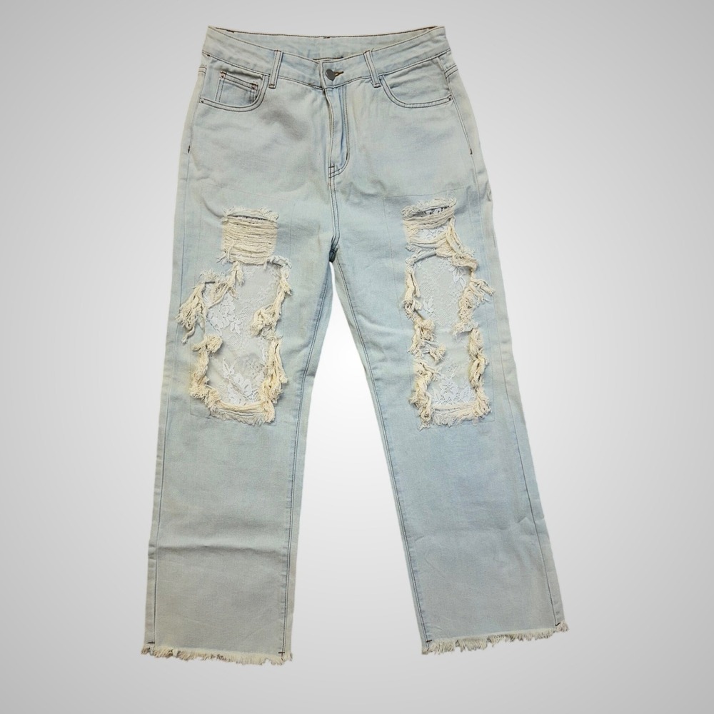 Cider Distressed Lace Jeans Womens XL Light Blue New High Rise Straight Leg NWT